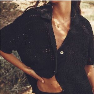 Zara Pointelle Knit Oversized Polo Sweater